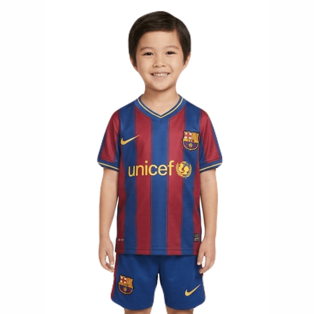 Kinder-Set Barcelona Heimtrikot 09/10 Blau und Granat (Retro)