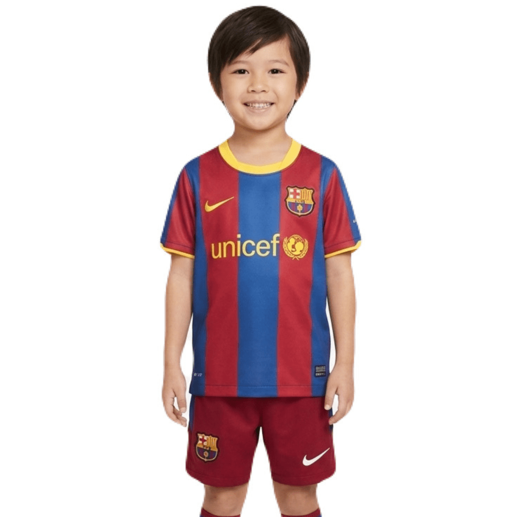 Kinder-Set Barcelona Heimtrikot 10/11 Blau und Granat (Retro)
