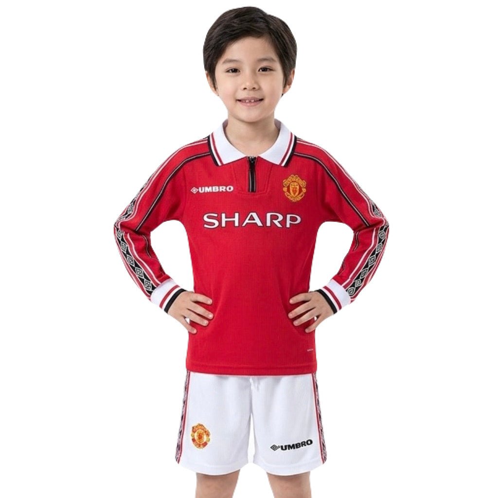 Manchester United Kinder-Set Heimtrikot Langarm 1998/99 Trikot und Shorts (Retro)