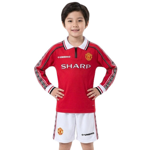 Manchester United Kinder-Set Heimtrikot Langarm 1998/99 Trikot und Shorts (Retro)