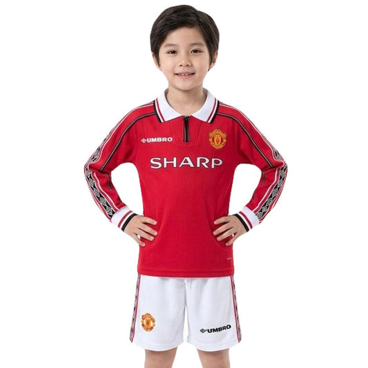 Manchester United Kinder-Set Heimtrikot Langarm 1998/99 Trikot und Shorts (Retro)