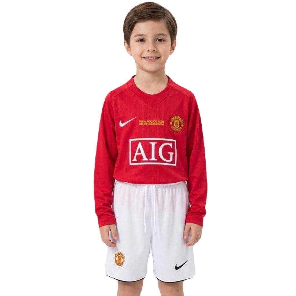 Manchester United Kinder-Set Heimtrikot Langarm 2007/08 Trikot und Shorts (Retro)