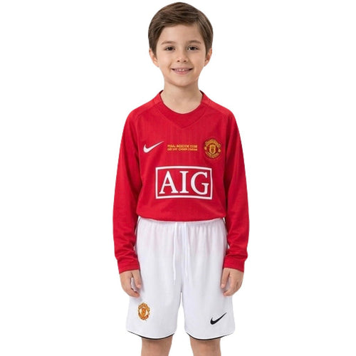 Manchester United Kinder-Set Heimtrikot Langarm 2007/08 Trikot und Shorts (Retro)